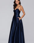 "Felicity" Satin Drape Neck Applique Floor Length Dress