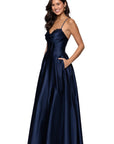 "Felicity" Satin Drape Neck Applique Floor Length Dress