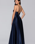 "Felicity" Satin Drape Neck Applique Floor Length Dress