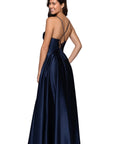 "Felicity" Satin Drape Neck Applique Floor Length Dress