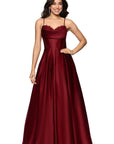 "Felicity" Satin Drape Neck Applique Floor Length Dress