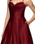 "Felicity" Satin Drape Neck Applique Floor Length Dress
