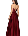 "Felicity" Satin Drape Neck Applique Floor Length Dress