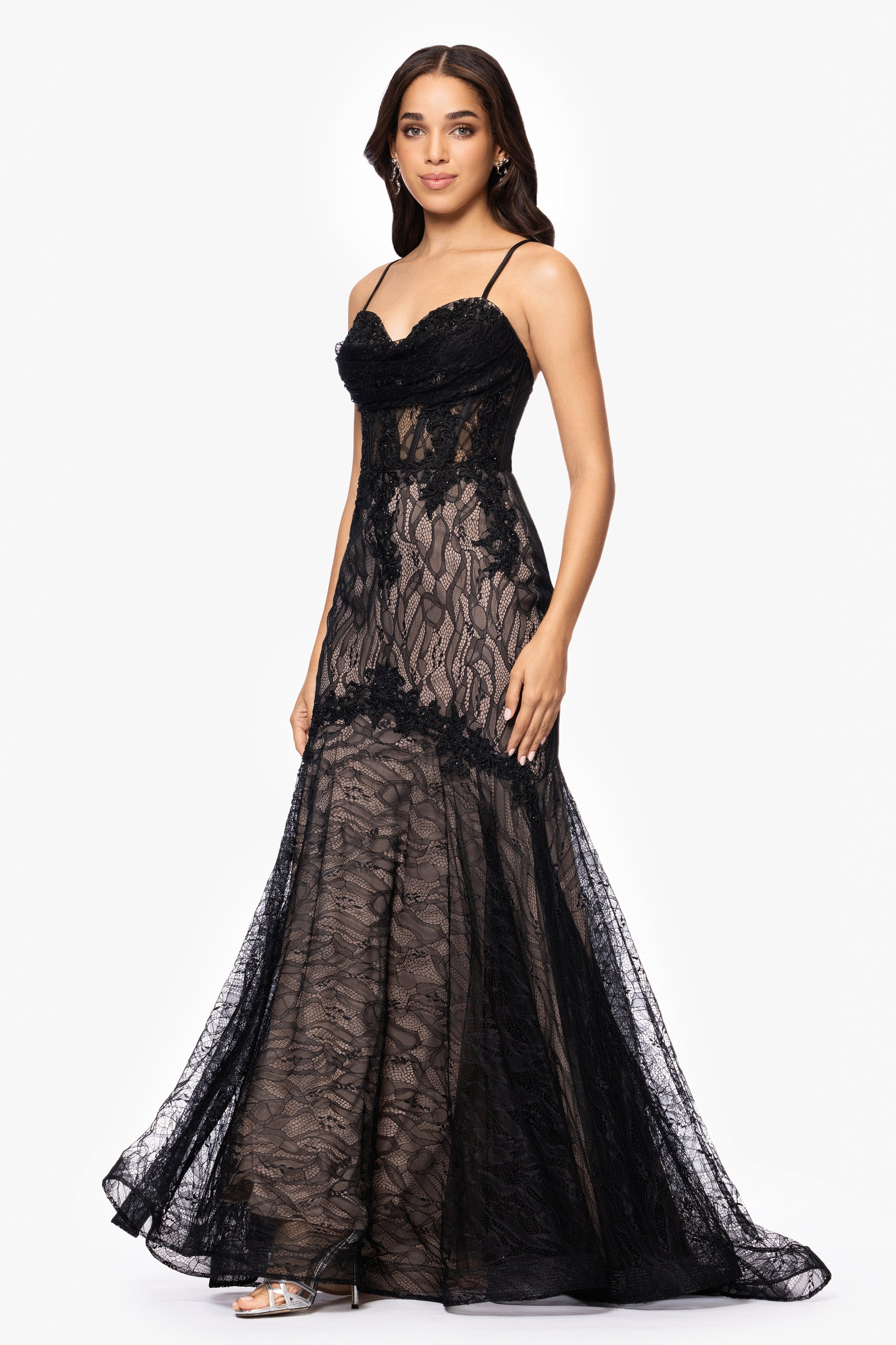 "Marina" Lace Applique Floor Length Dress