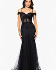 "Miranda" Mesh Off the Shoulder Applique Floor Length Dress