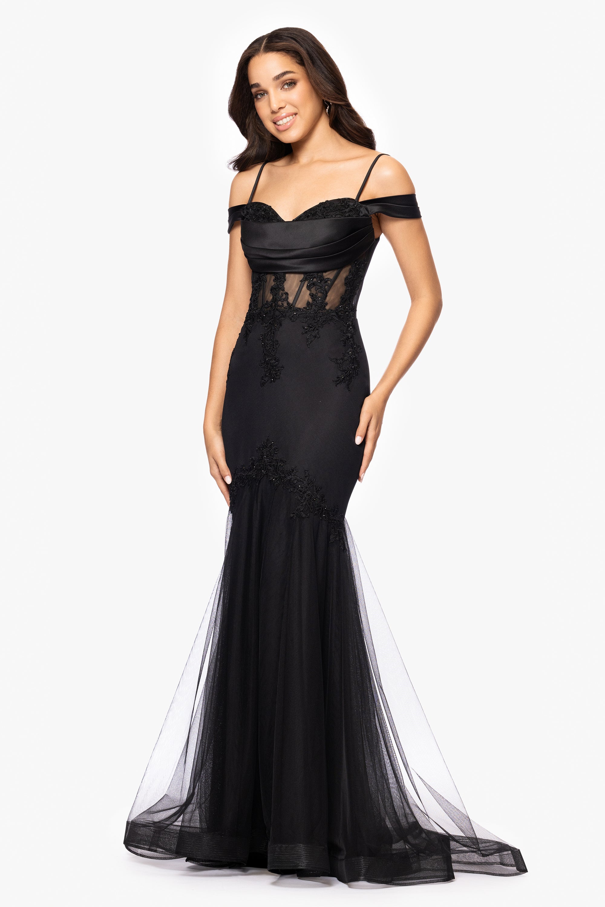 "Miranda" Mesh Off the Shoulder Applique Floor Length Dress