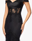 "Miranda" Mesh Off the Shoulder Applique Floor Length Dress