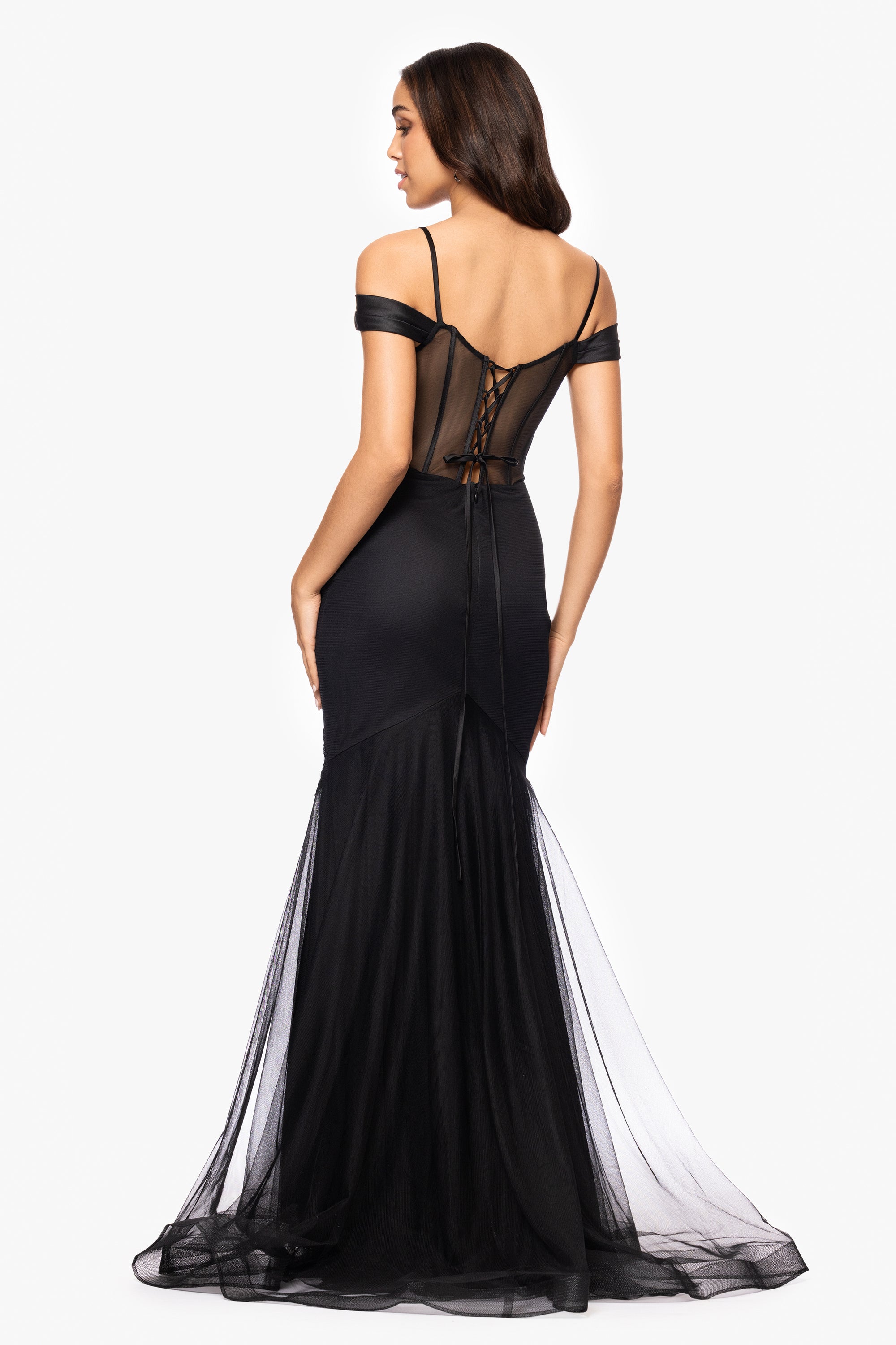 "Miranda" Mesh Off the Shoulder Applique Floor Length Dress