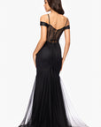 "Miranda" Mesh Off the Shoulder Applique Floor Length Dress