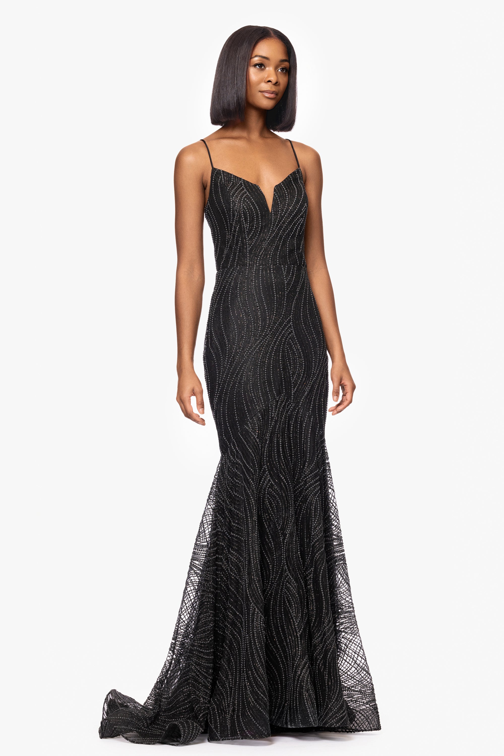 "Ashlyn" Puff Glitter Floor Length Trumpet Dress