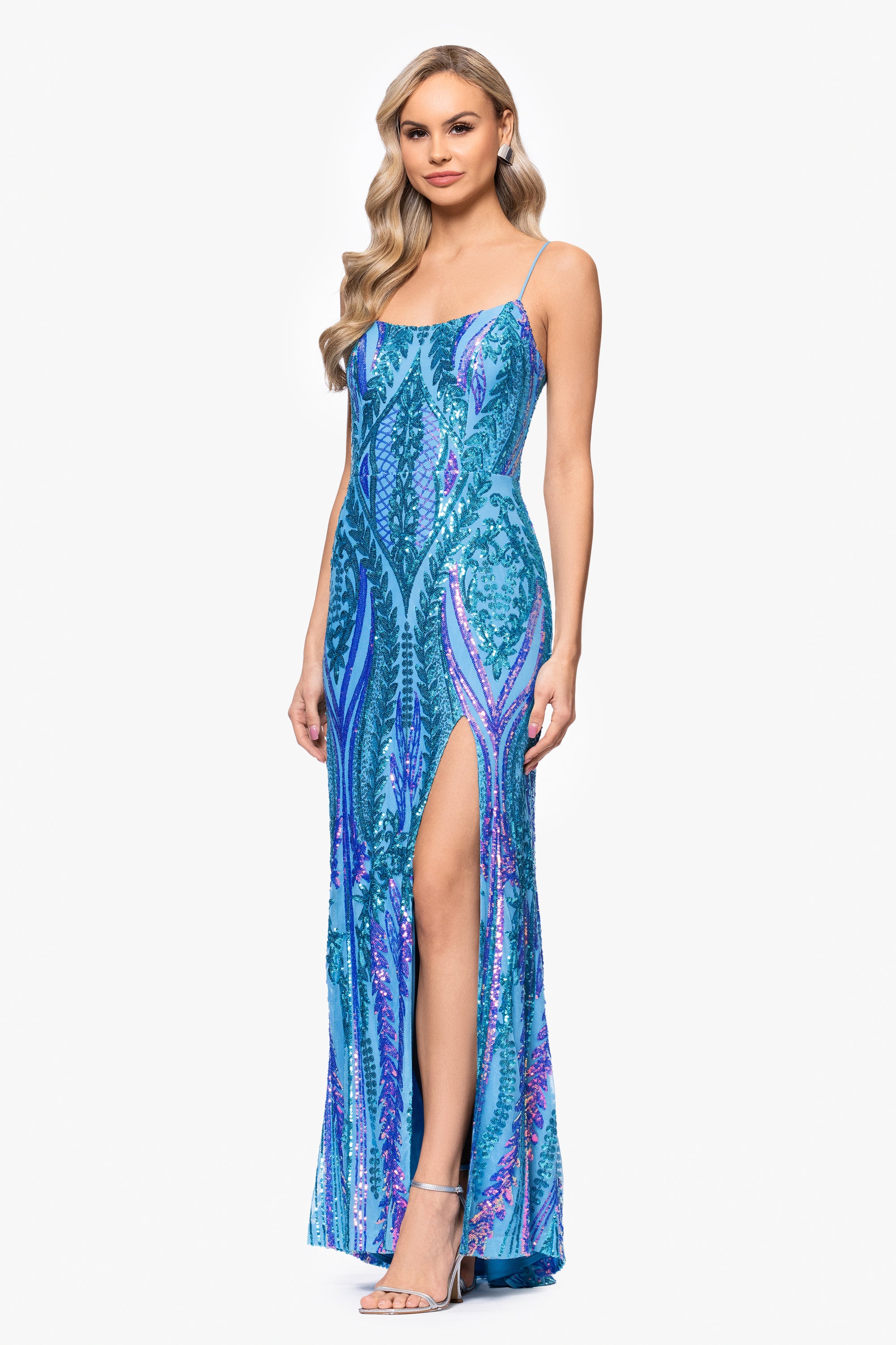 "Nora" Sequin Scoop Neck Tieback Floor Length Dress