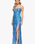 "Nora" Sequin Scoop Neck Tieback Floor Length Dress