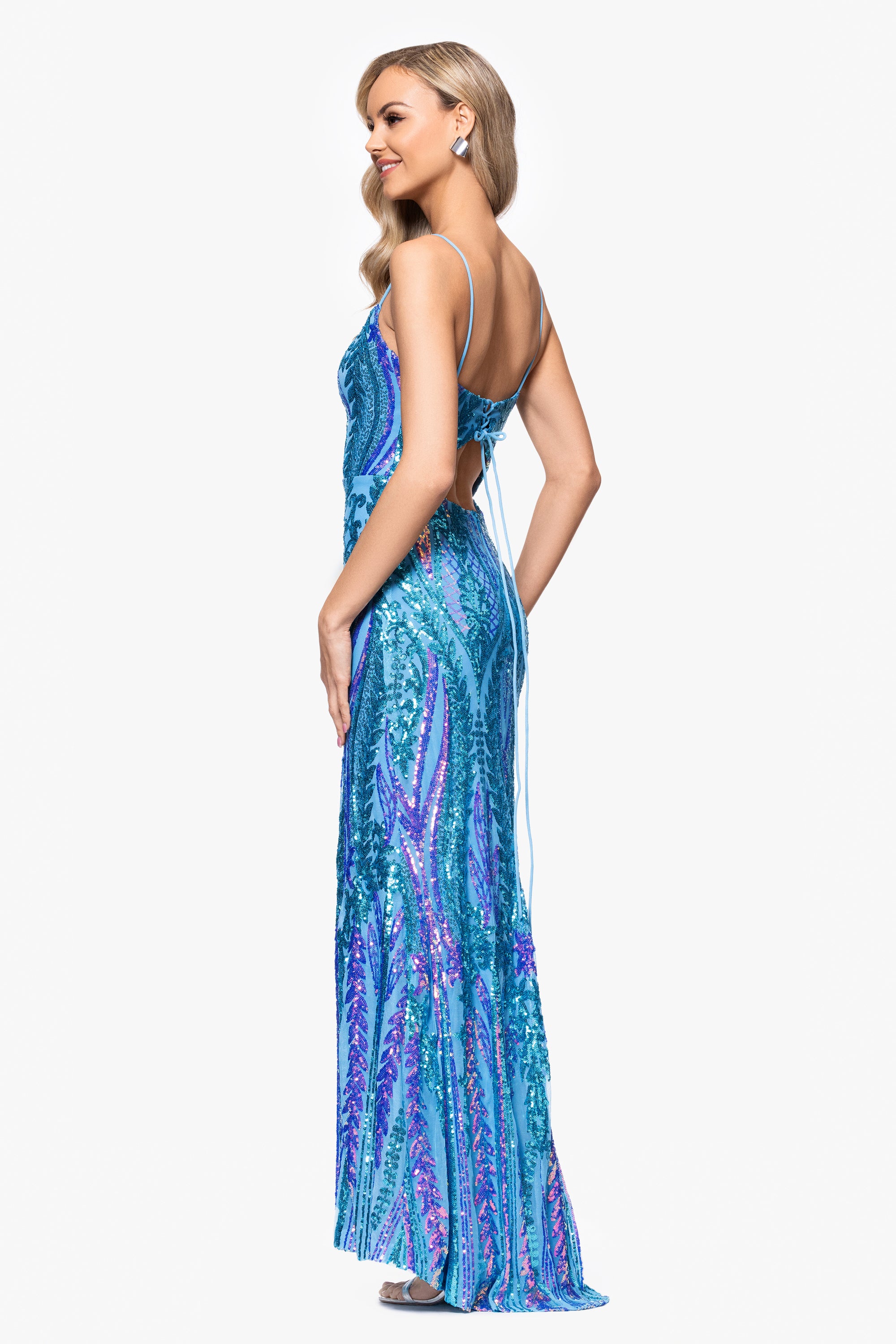 "Nora" Sequin Scoop Neck Tieback Floor Length Dress