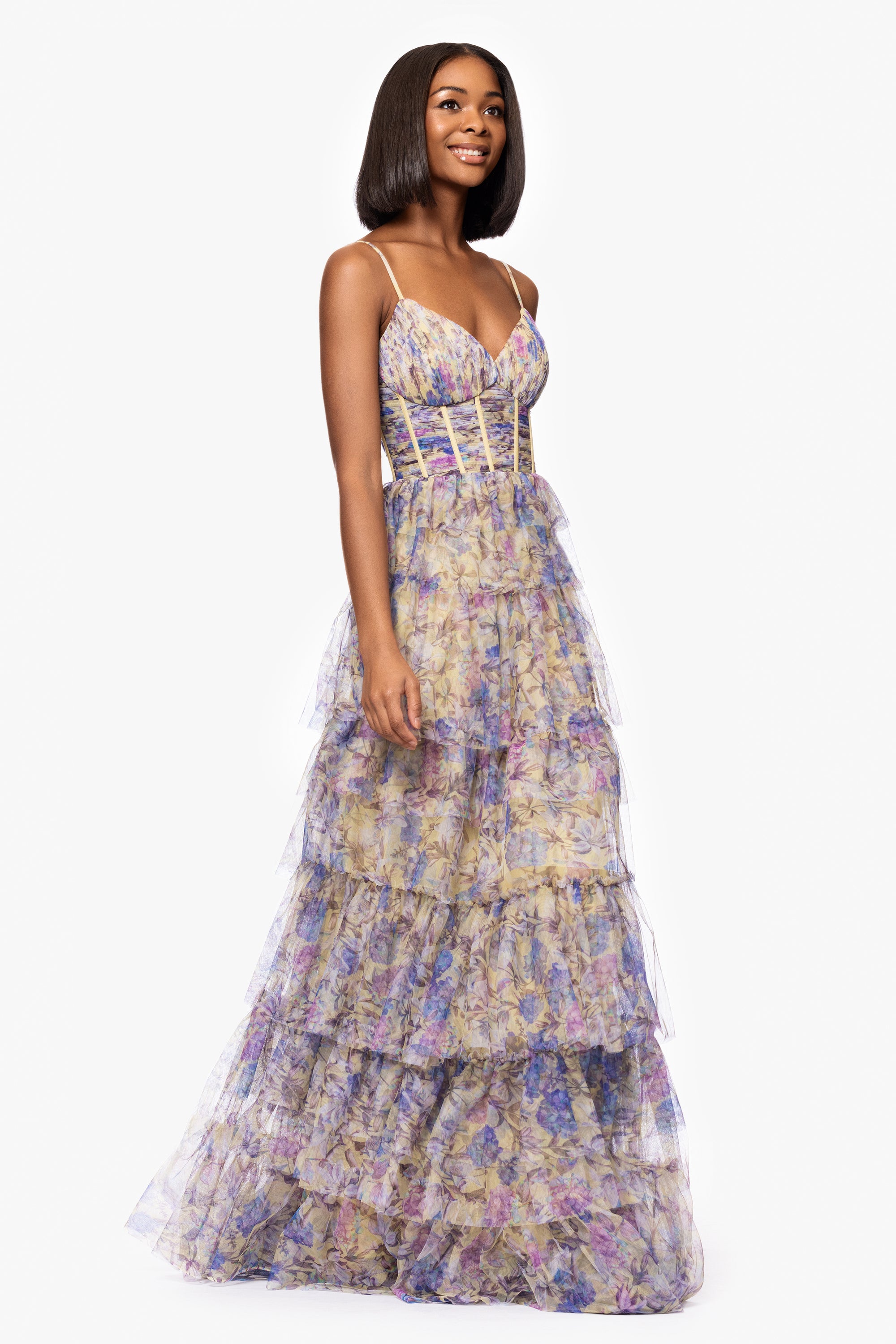 "Chelsea" Mesh Tiered Ruffle Corset Floor Length Dress