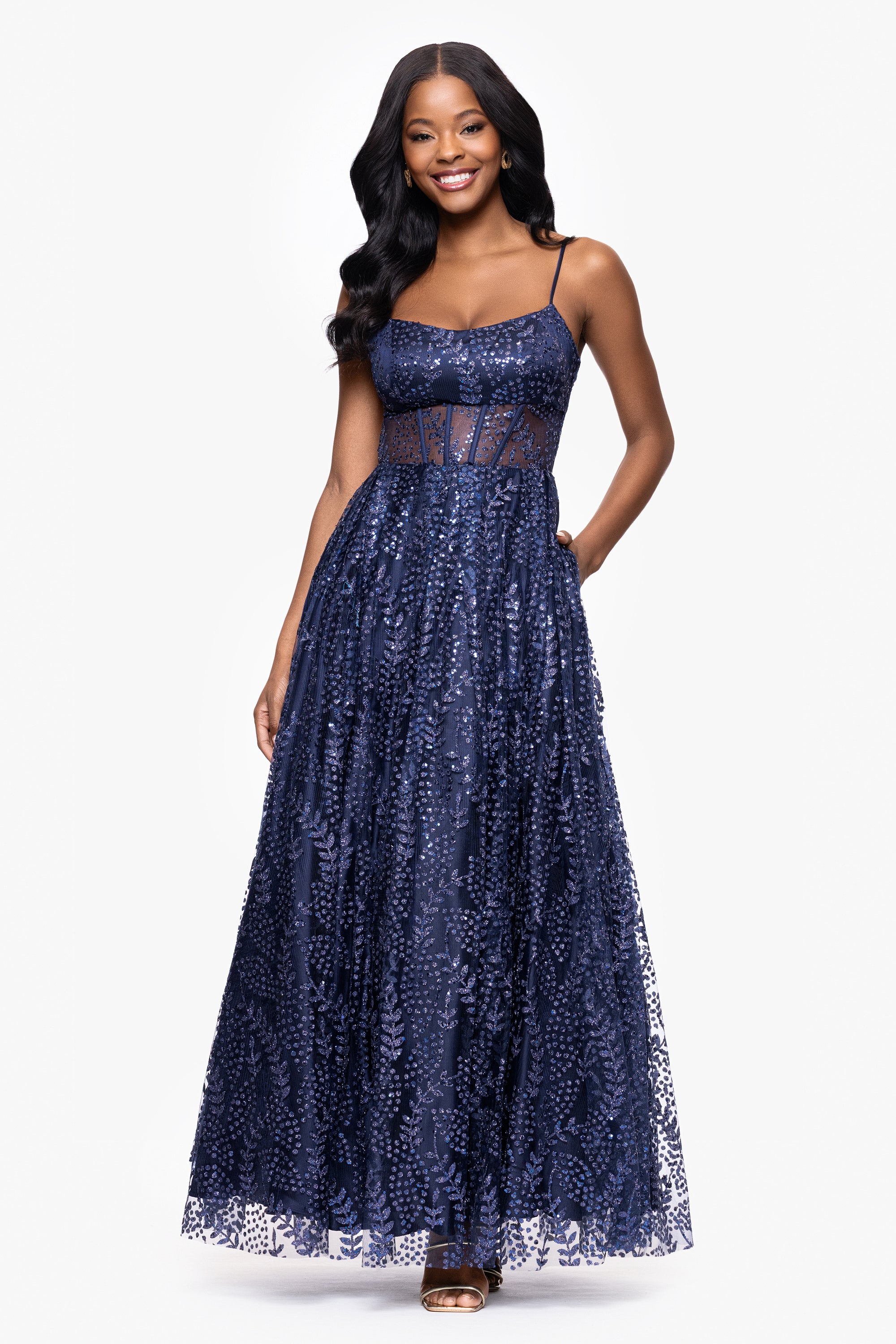 "Mona" Glitter Illusion Lace Up Floor Length Dress