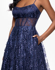 "Mona" Glitter Illusion Lace Up Floor Length Dress