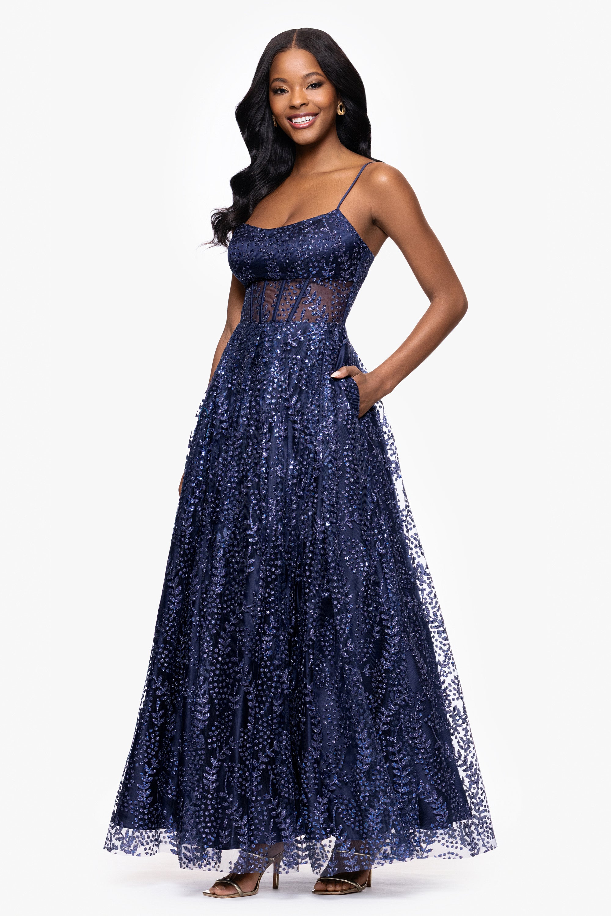 "Mona" Glitter Illusion Lace Up Floor Length Dress