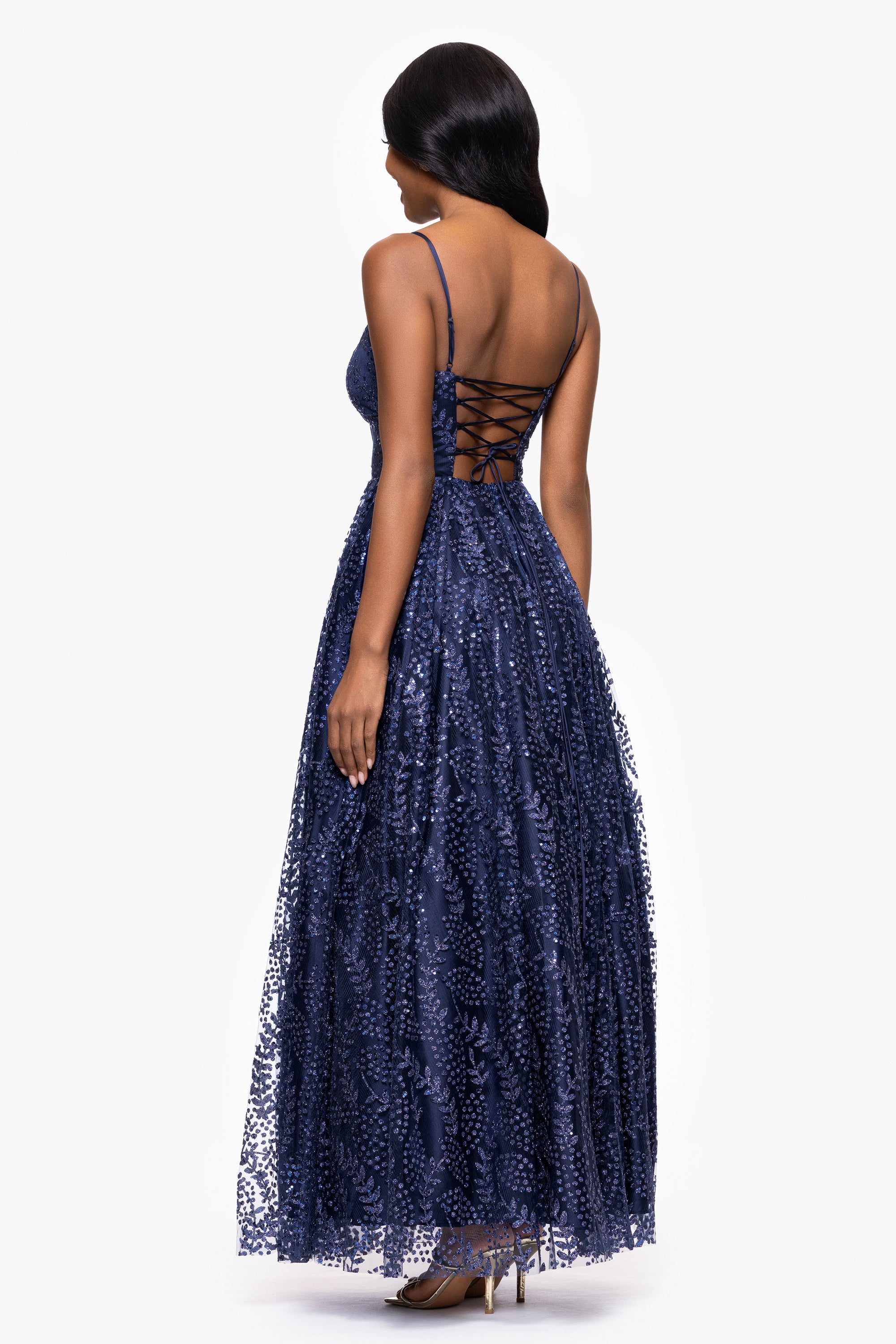 "Mona" Glitter Illusion Lace Up Floor Length Dress