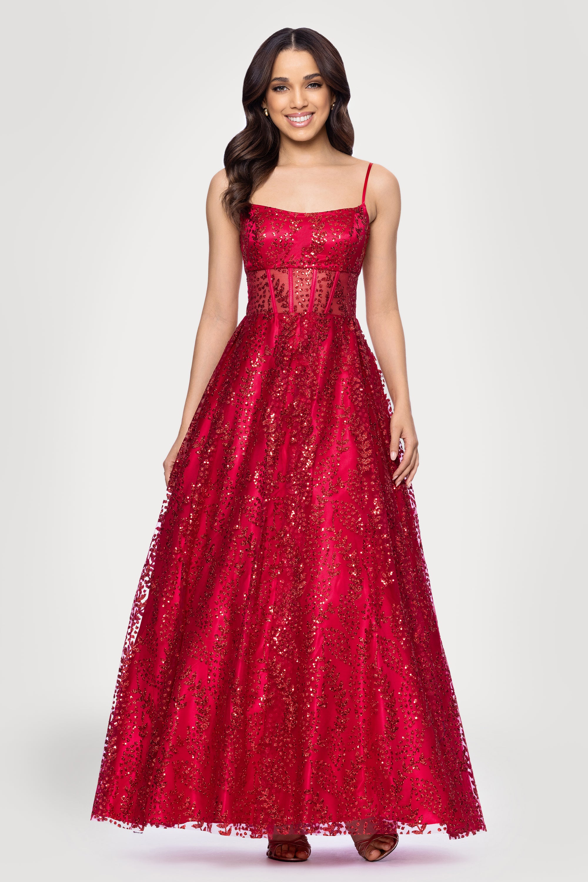 "Mona" Glitter Illusion Lace Up Floor Length Dress