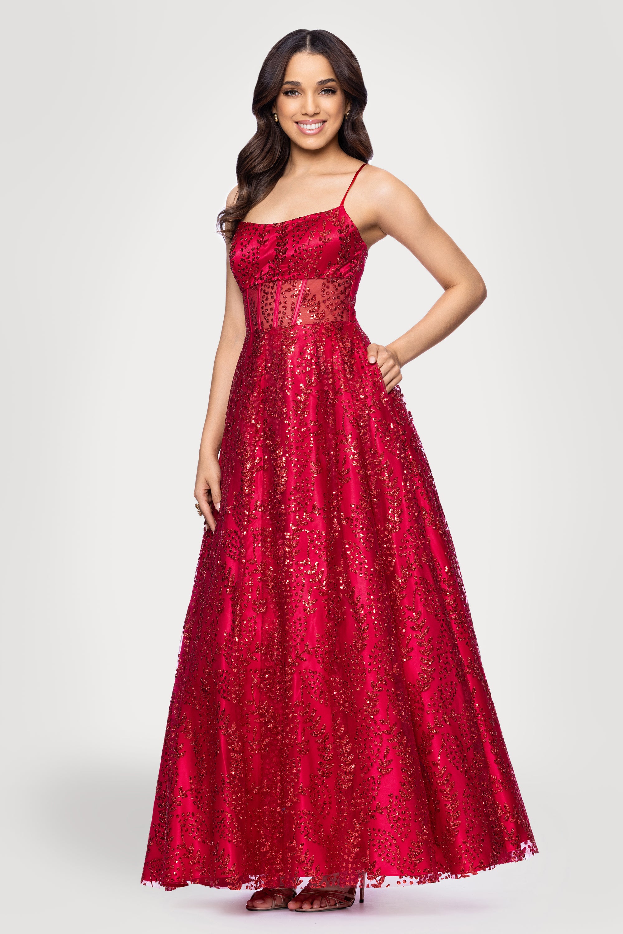 "Mona" Glitter Illusion Lace Up Floor Length Dress