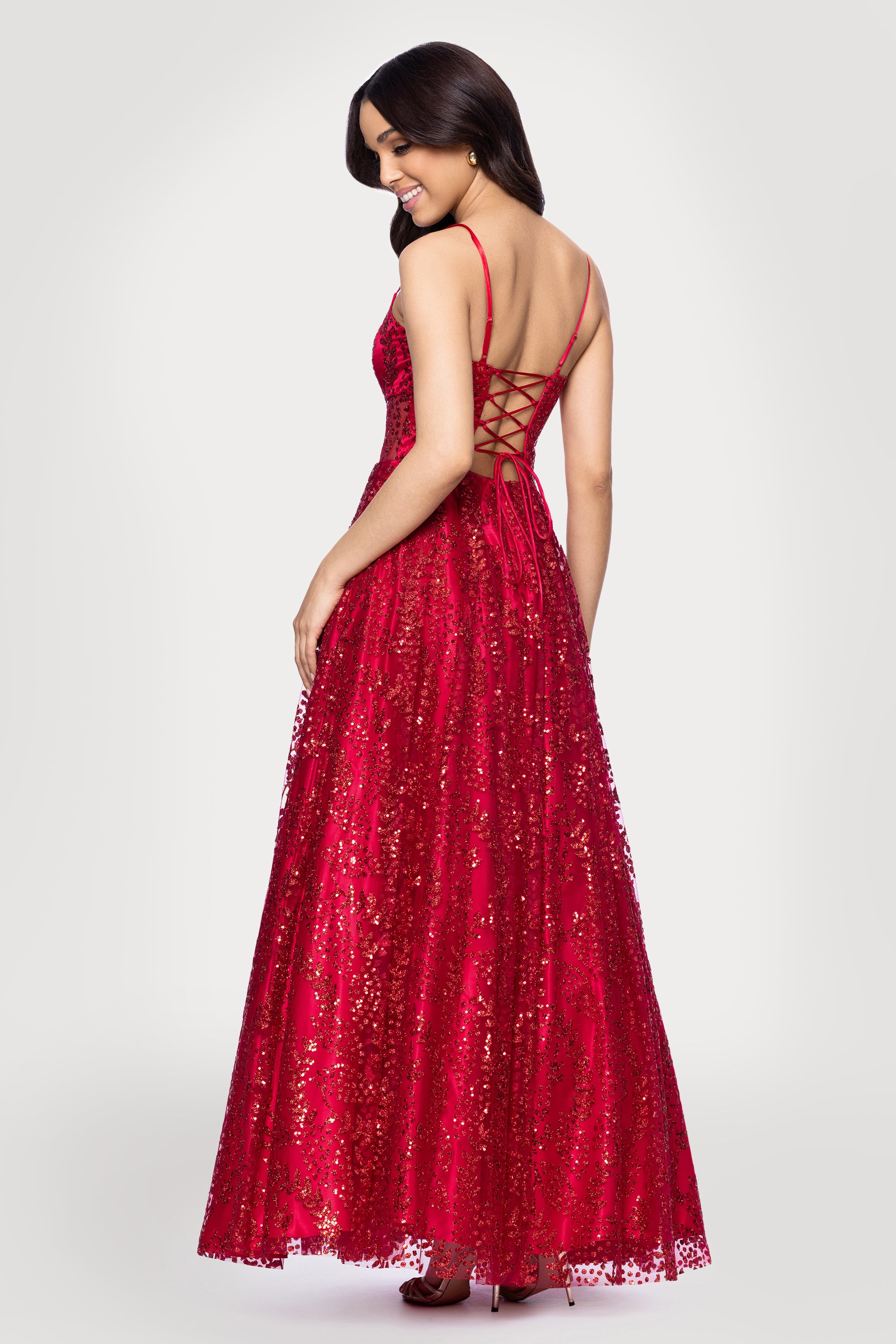 "Mona" Glitter Illusion Lace Up Floor Length Dress