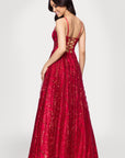 "Mona" Glitter Illusion Lace Up Floor Length Dress