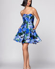 Blondie Nites "Aliyah" Satin Strapless Floral Print Short Dress