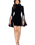 "Elizabeth" Velvet High Neck Flowy Bell Long Sleeve Short Dress