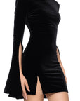 "Elizabeth" Velvet High Neck Flowy Bell Long Sleeve Short Dress
