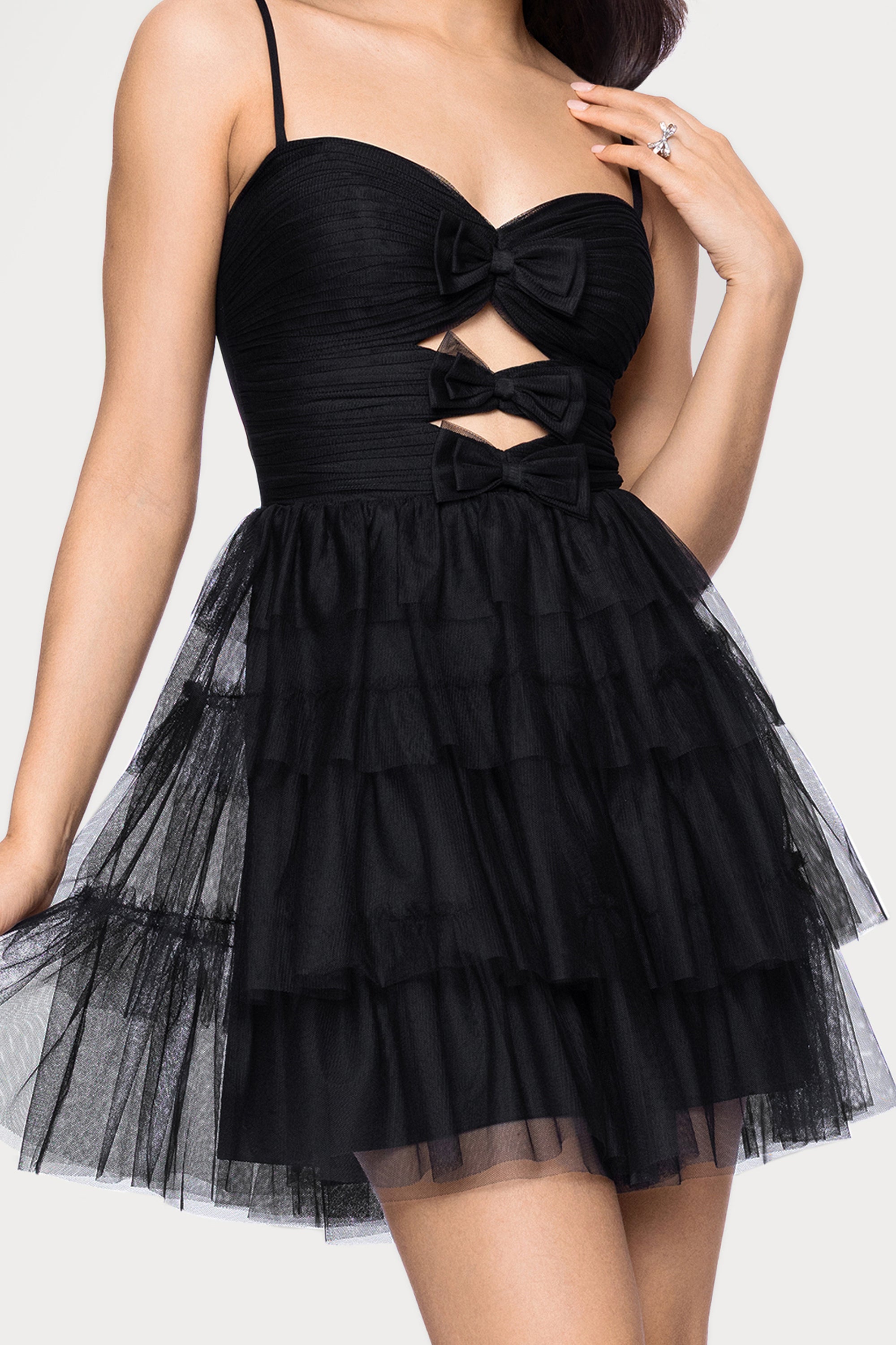 "Ollie" Mesh Tiered Cutout Bodice Sweetheart Neck Short Dress