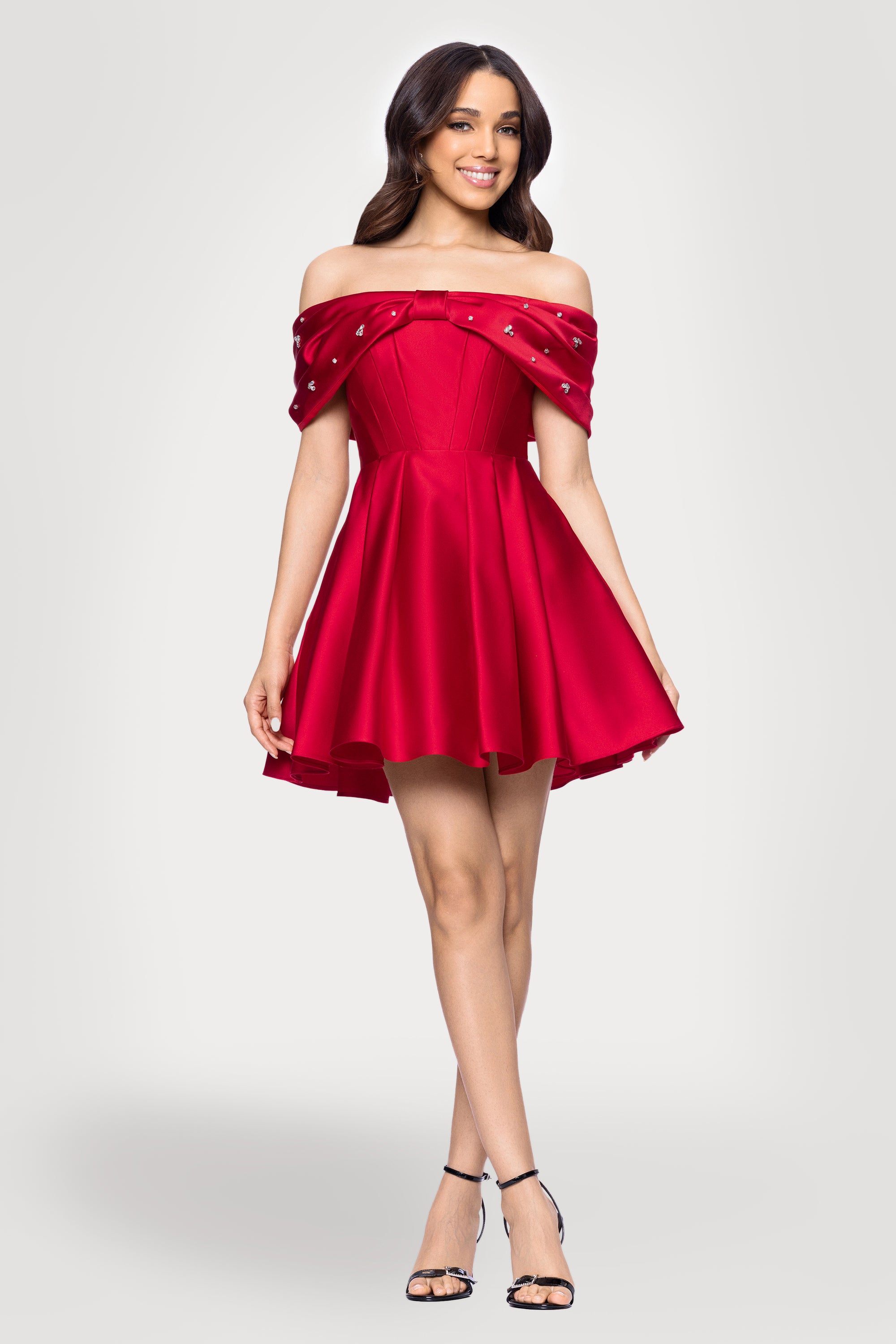 "Lucy" Satin Off Shoulder Rhinestone Embellished Short Dress