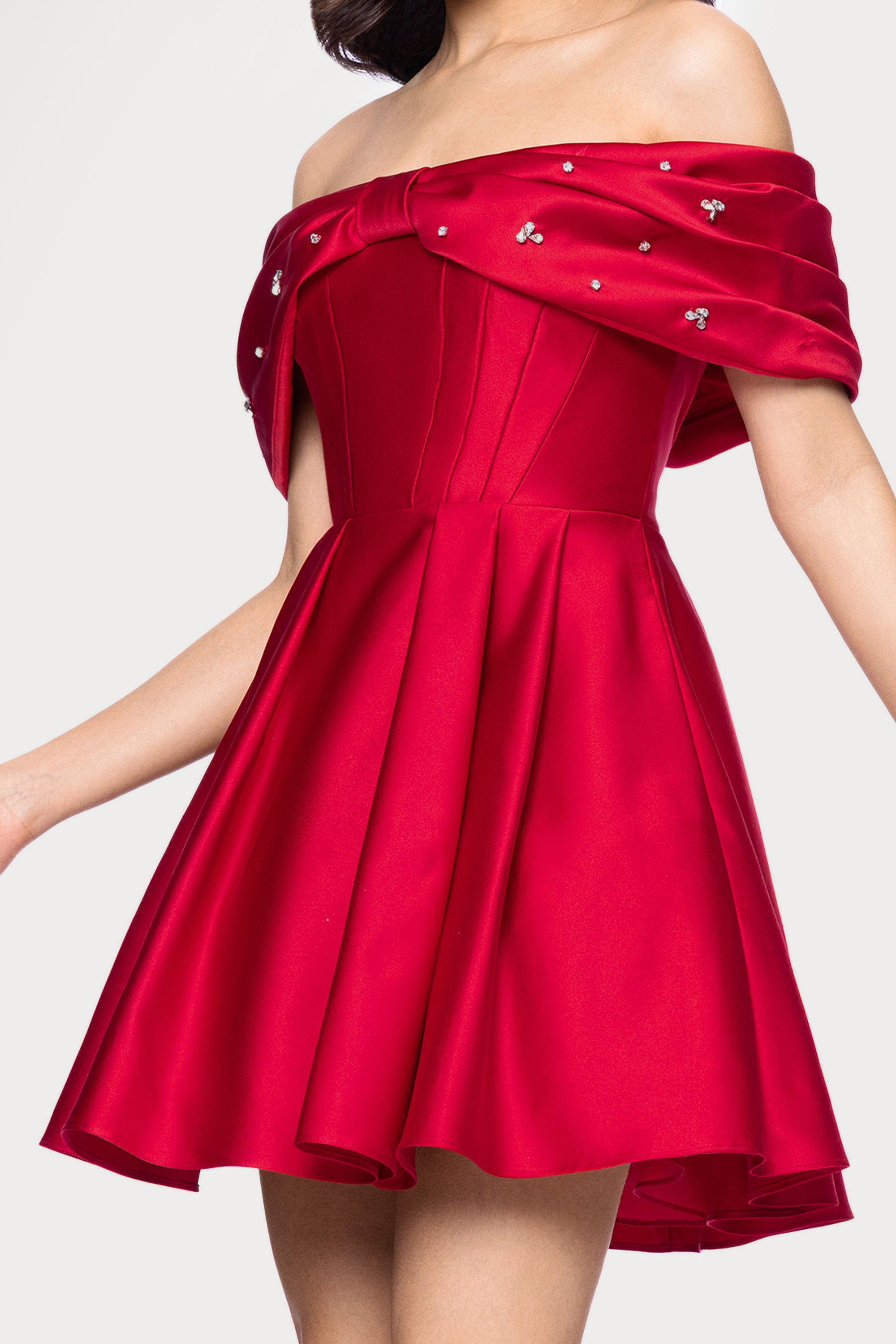 "Lucy" Satin Off Shoulder Rhinestone Embellished Short Dress