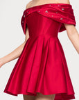 "Lucy" Satin Off Shoulder Rhinestone Embellished Short Dress