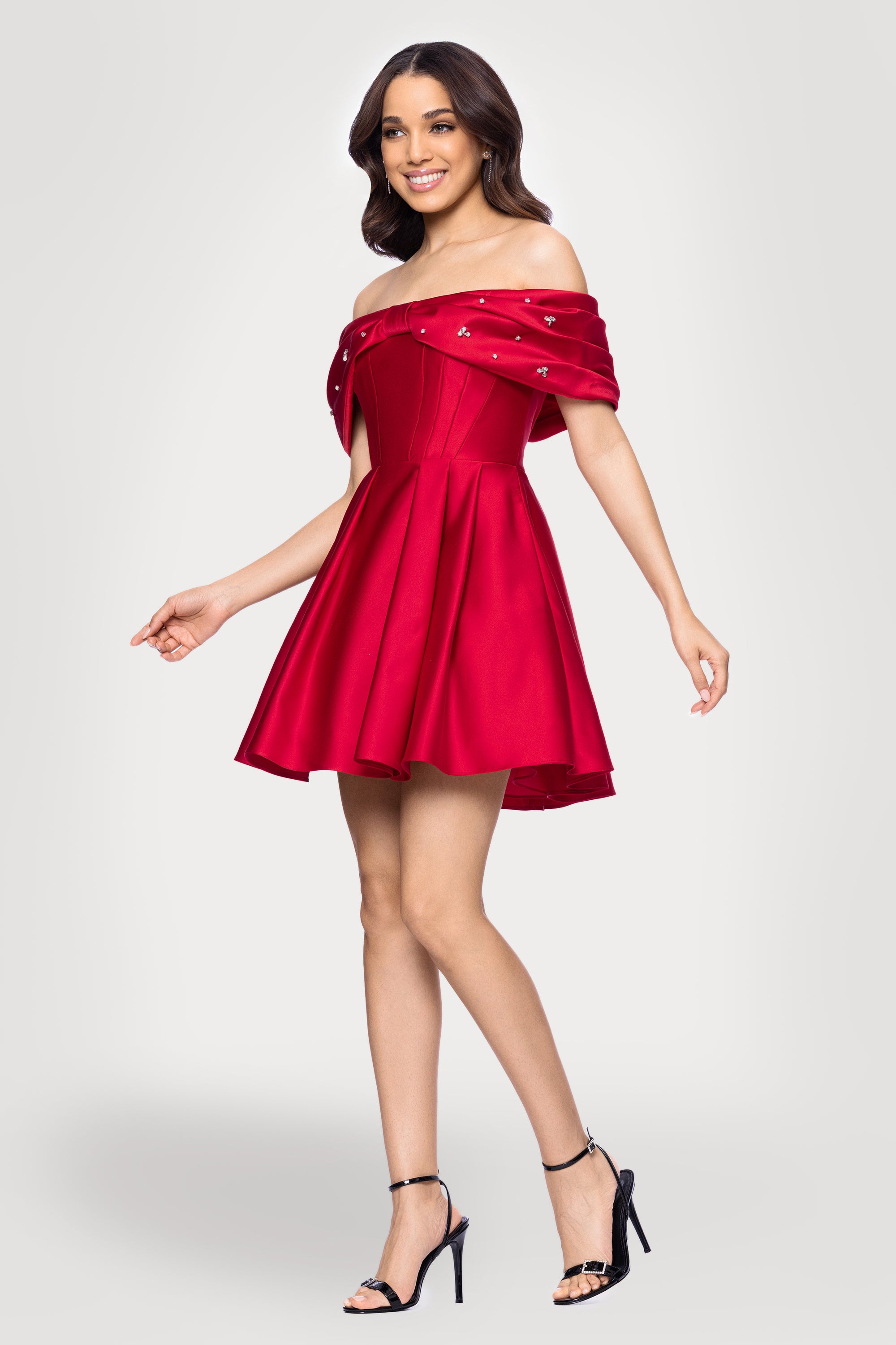 "Lucy" Satin Off Shoulder Rhinestone Embellished Short Dress