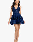 "Jacey" Mesh Sequin Embellished Halter Neck Short Dress