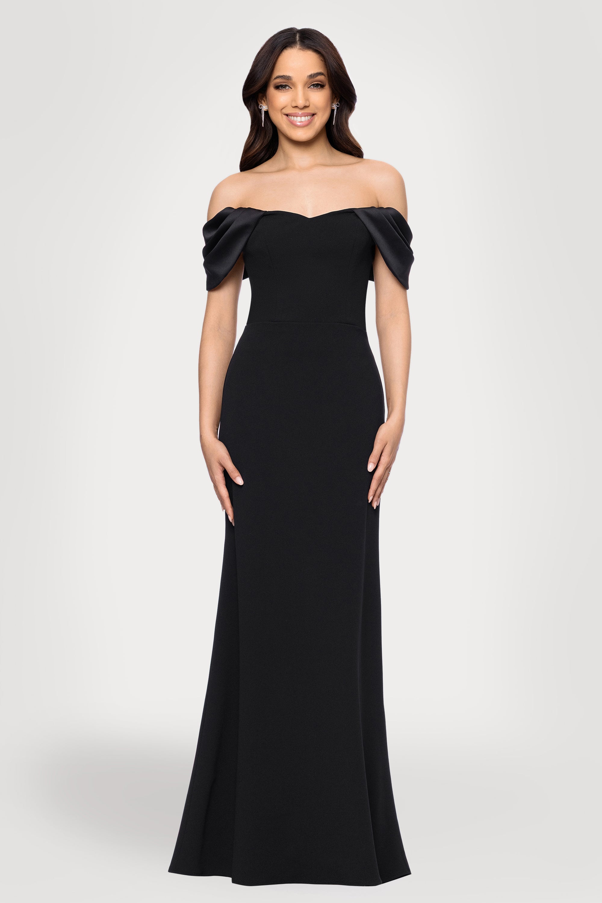 Blondie Nites "Taylor" Scuba Crepe Off the Shoulder Satin Sleeves Floor Length Dress