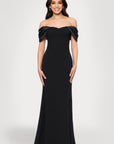 "Taylor" Scuba Crepe Off the Shoulder Satin Sleeves Floor Length Dress