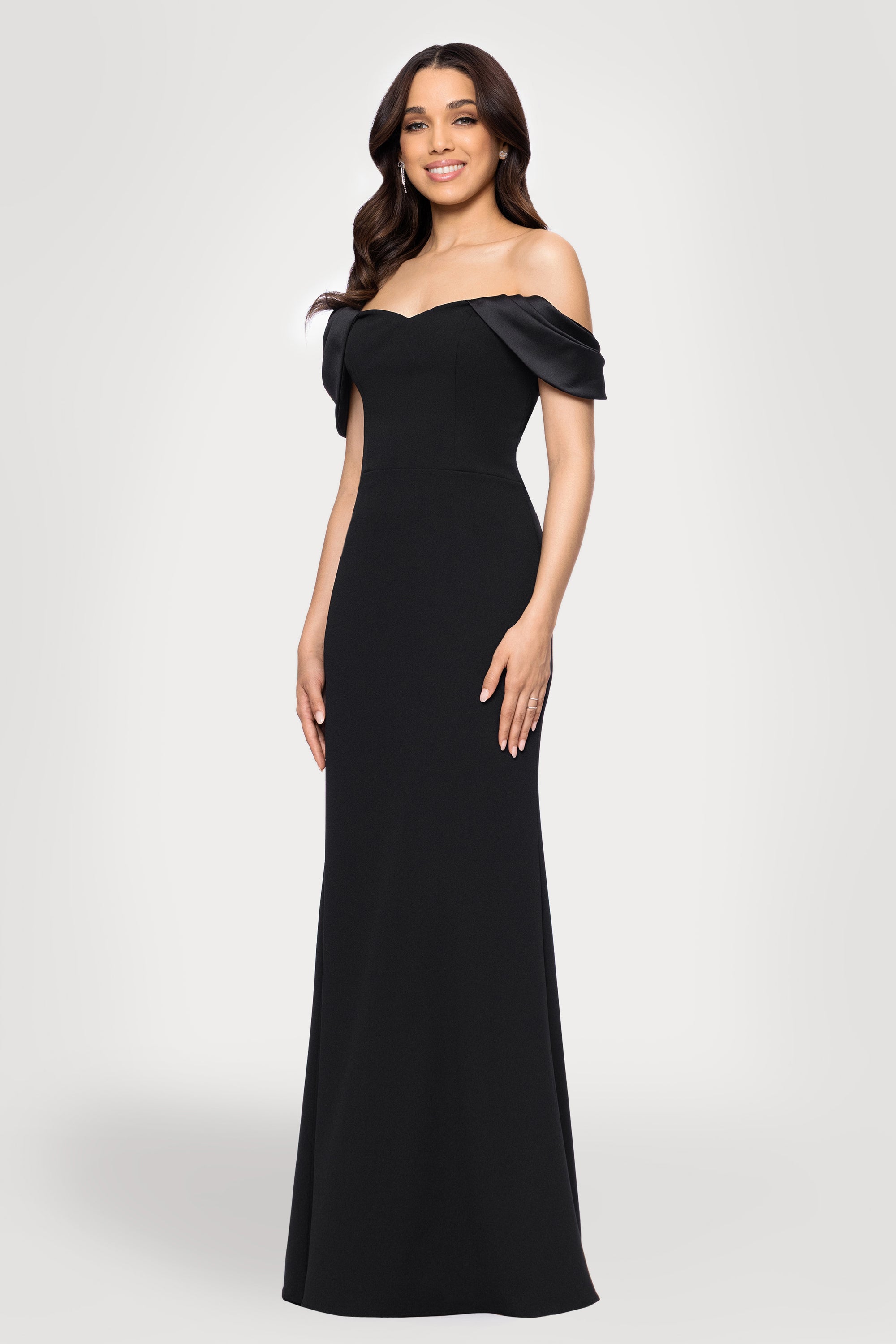 Blondie Nites "Taylor" Scuba Crepe Off the Shoulder Satin Sleeves Floor Length Dress