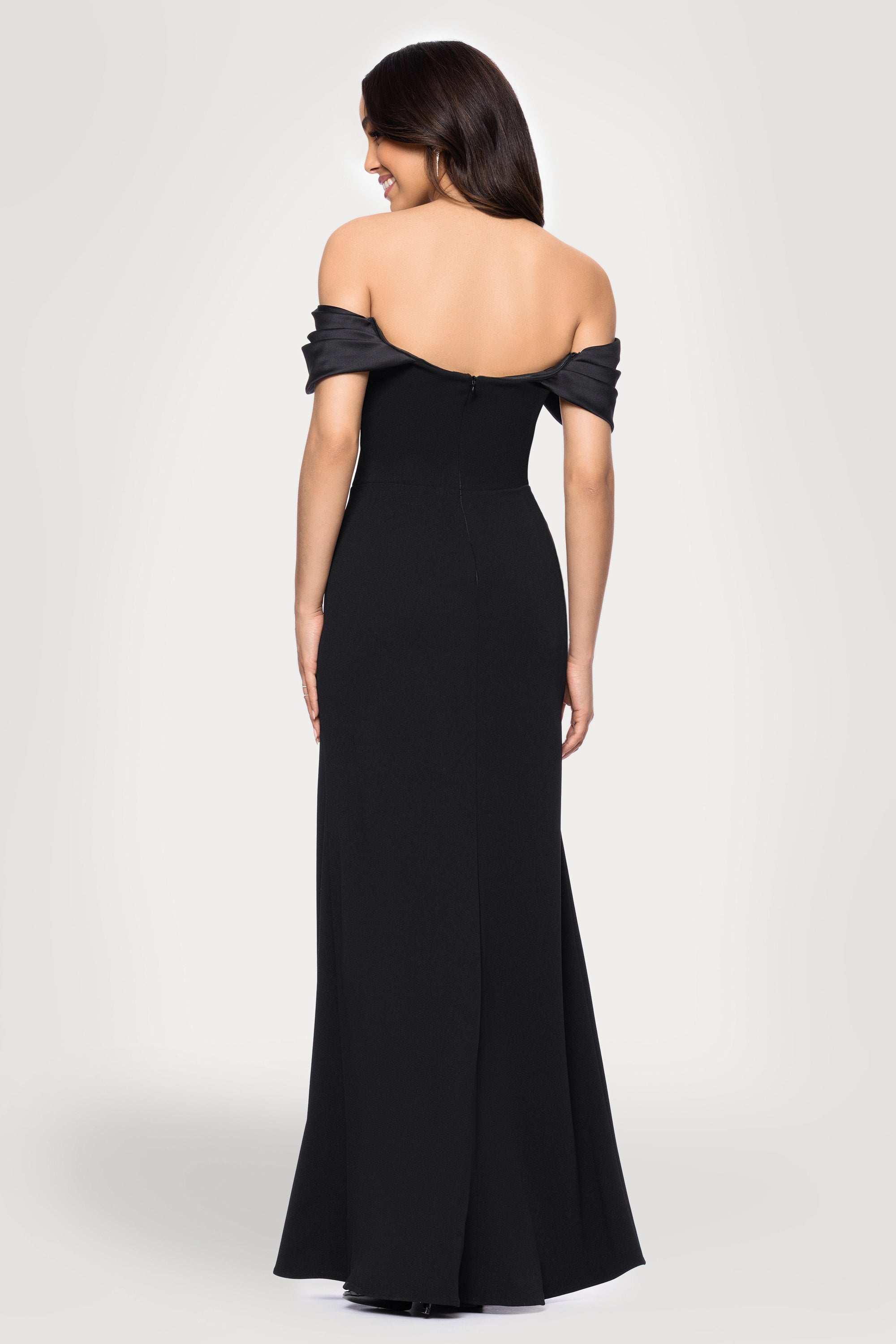 Blondie Nites "Taylor" Scuba Crepe Off the Shoulder Satin Sleeves Floor Length Dress
