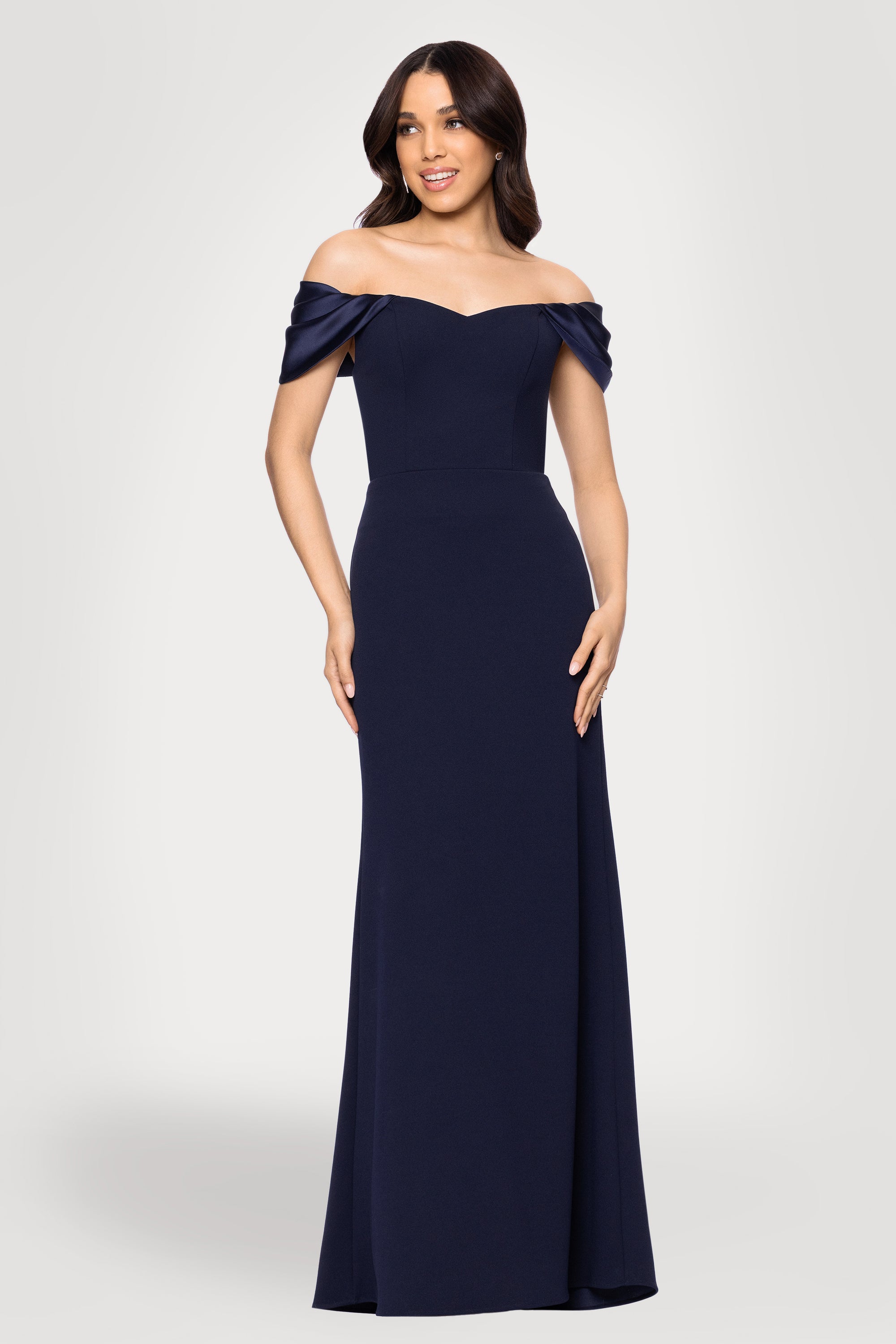 Blondie Nites "Taylor" Scuba Crepe Off the Shoulder Satin Sleeves Floor Length Dress