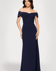 Blondie Nites "Taylor" Scuba Crepe Off the Shoulder Satin Sleeves Floor Length Dress