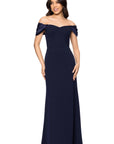 "Taylor" Scuba Crepe Off the Shoulder Satin Sleeves Floor Length Dress