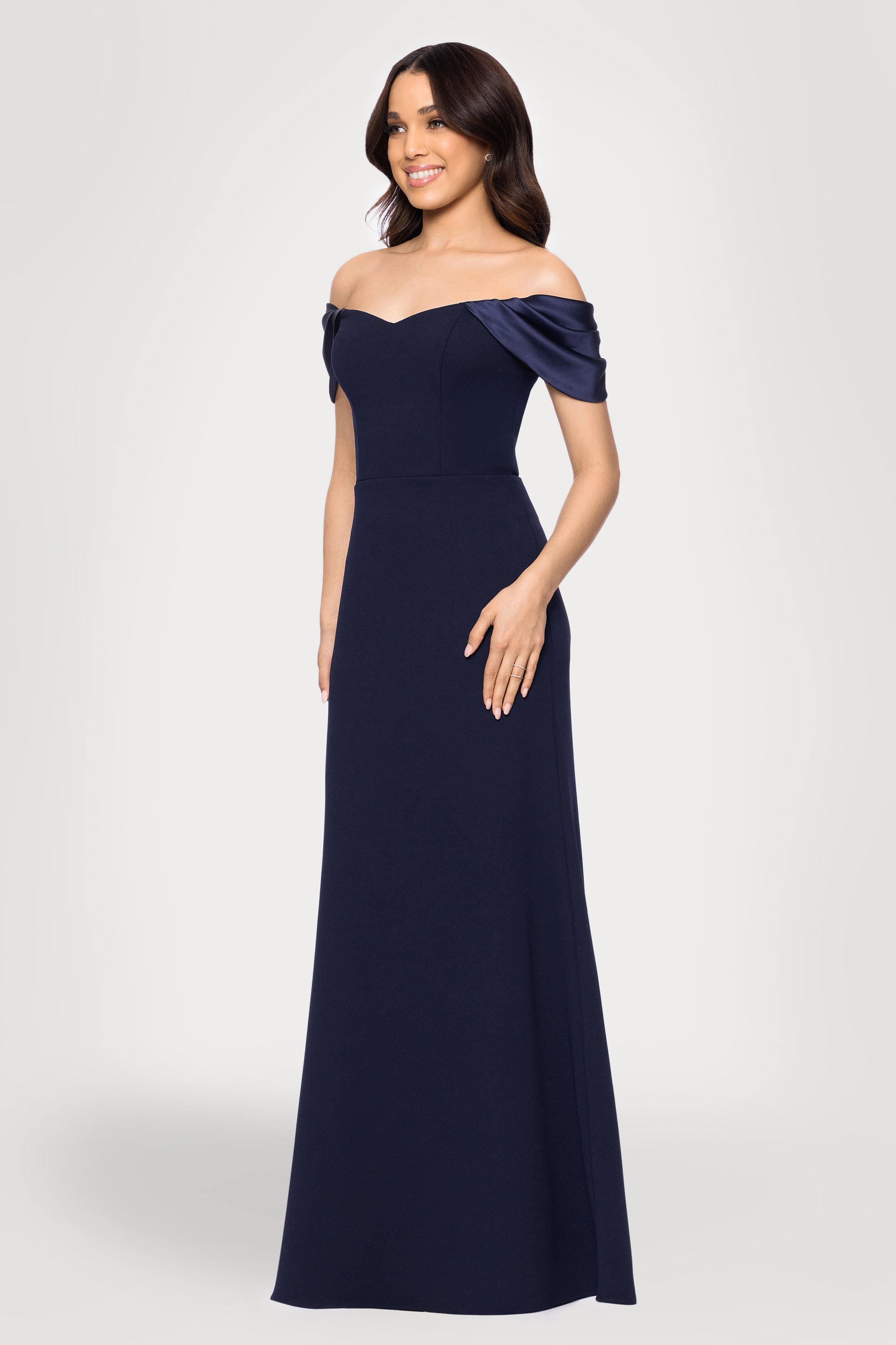 Blondie Nites "Taylor" Scuba Crepe Off the Shoulder Satin Sleeves Floor Length Dress