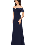 Blondie Nites "Taylor" Scuba Crepe Off the Shoulder Satin Sleeves Floor Length Dress