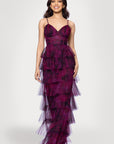 "Jonnie" Printed Mesh Ruffle Floor Length Dress
