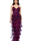 "Jonnie" Printed Mesh Ruffle Floor Length Dress