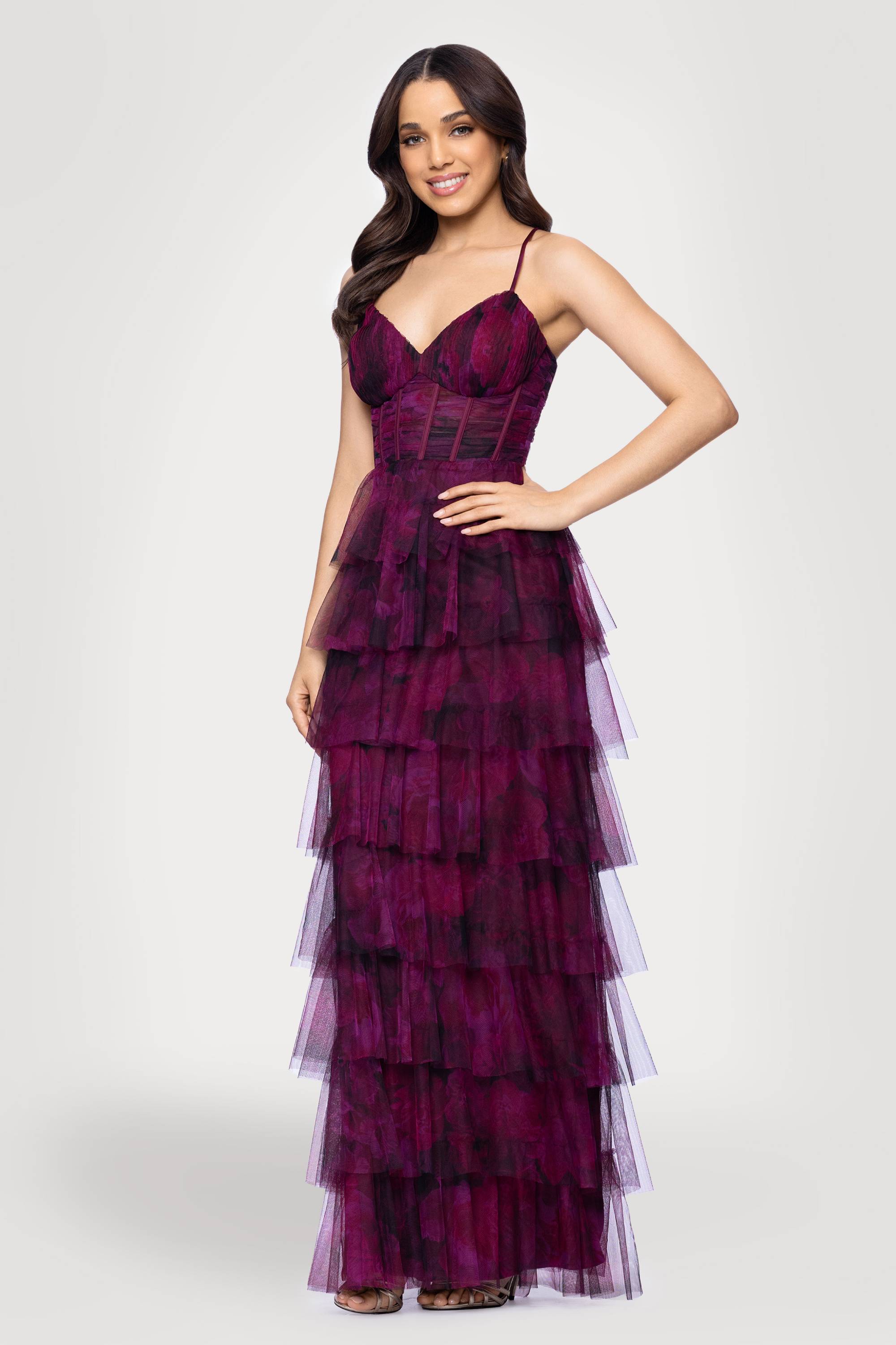 "Jonnie" Printed Mesh Ruffle Floor Length Dress