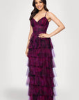 "Jonnie" Printed Mesh Ruffle Floor Length Dress