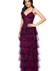 "Jonnie" Printed Mesh Ruffle Floor Length Dress