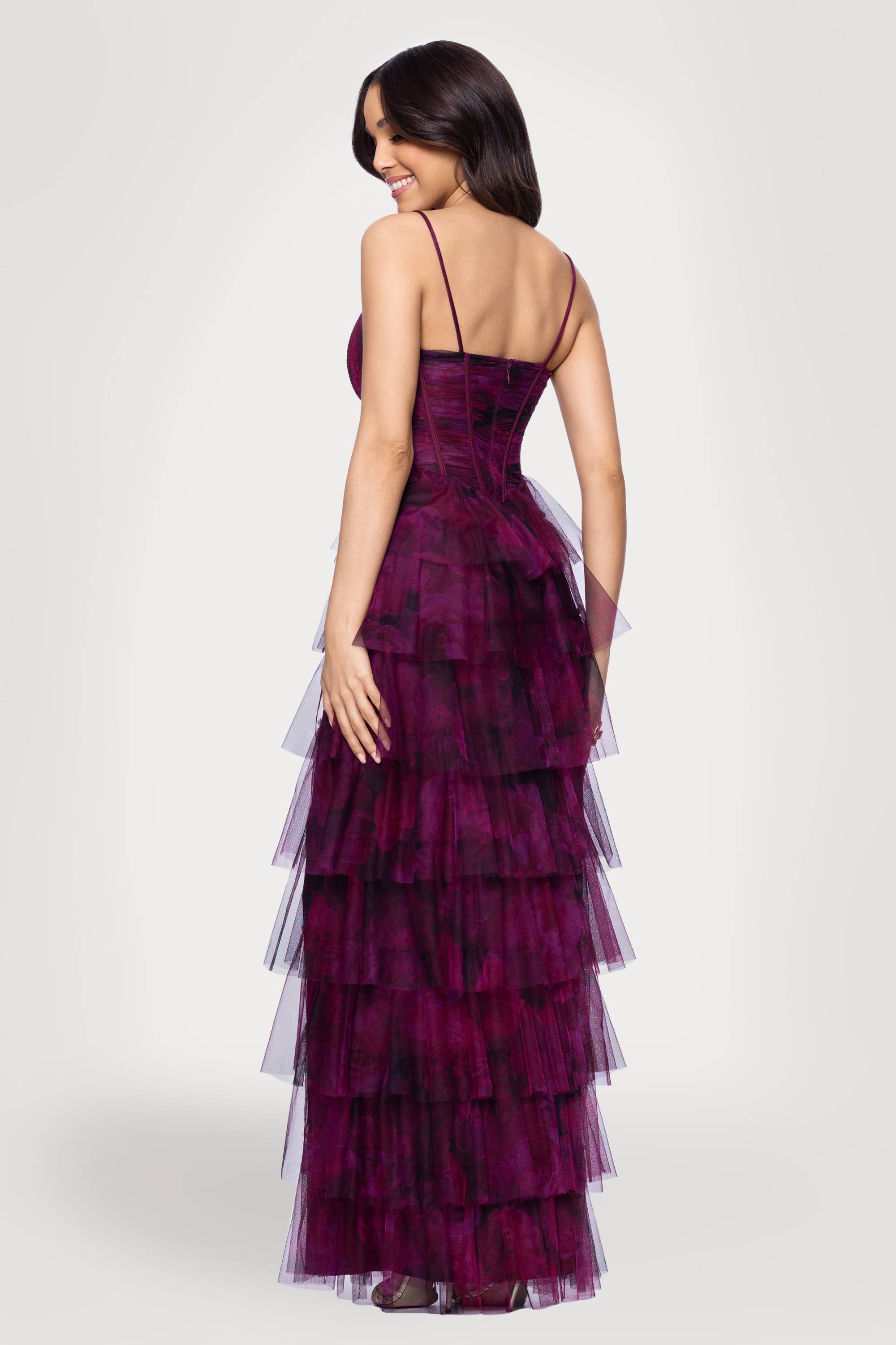 "Jonnie" Printed Mesh Ruffle Floor Length Dress